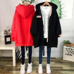 plus Size Fleece Lined Thickened Medium Length Open Cardigan Hooded Loose Maternity Sweatshirt Jacket Women's Korean Style Co...