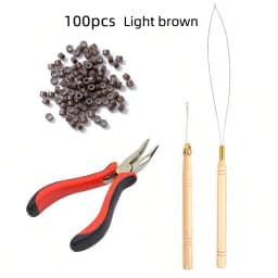 Hair Tinsel Beads Kit with Plier Hook Needle Tool 100 Silicone Micro Beads Loop Needle Threader Pulling Hook Bead Device