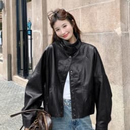 Women Faux Leather Jacket Stand Collar Snap Button Coat Oversized Drop Shoulder Bomber Y2K Retro Streetwear Autumn Outerwear Top