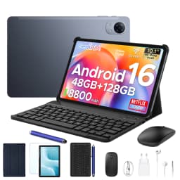 POCKAM P10PRO 10.1 Inch Tablet, Android 16 Tablets with 120Hz Display, 48GB+128GB/2TB, T7250 Octa-Core, 8800mAh, Widevine L1, Gemini AI, 13MP+5MP, 3.5mm Headphone, Tablet with Keyboard, Pen, Black