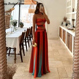 Women's Tie-dye Hollow Out Maxi Dress Gradient Off Shoulder A-line Hem Long Robes Sleeveless Party Vestido Lady Fashion Clothing