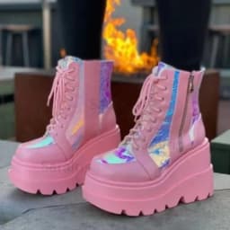 Women's Platform Slip-On Boots Autumn Winter High Help Chunky Shoes Color Block Lace Up Large Size Casual Fashion Footwear