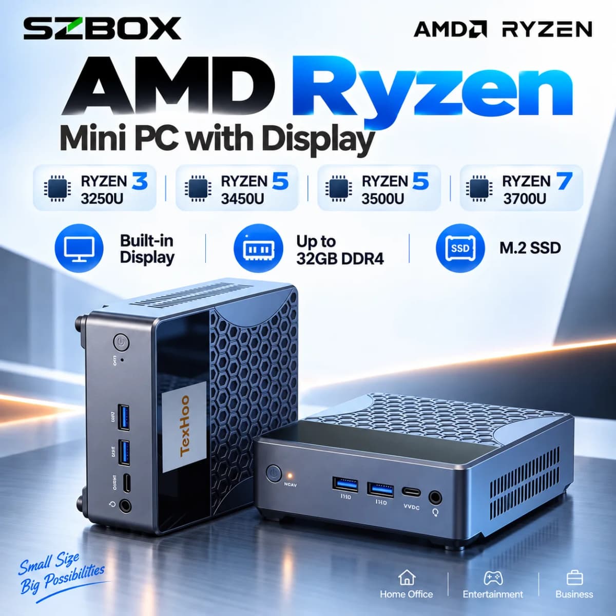 SZBOX AMD Ryzen 7 3700U 5 3500U 5 3450U 3 3250U Mini PC with Display DDR4 M.2 SSD Dual HDMI USB Type-C LAN Office Home Computer