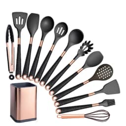 Silicone Cooking Utensils Set Non-Scratch Non-Stick Heat Resistant Spatula Spoon Rose Gold Handle With Bucket Kitchen Gift
