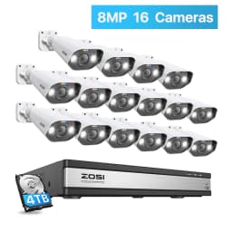 ZOSI 16CH 4K PoE Security Camera System 2-Way Audio H.265+ 8MP 16CH NVR 4TB HDD for 24/7 Recording 8MP Outdoor PoE IP Cameras