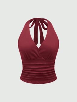 Solid V-neck Backless Halter Crop Top for Women Summer Sexy Y2K Sleeveless Ruched Top Streetwear