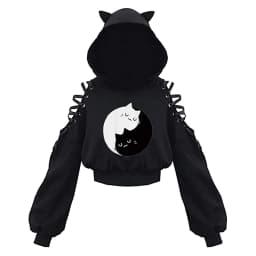 Combhasaki Women's Y2K 3D Cat Ear Hooded Pullover Tops Gothic Ribbon Lace-up Hollow Out Shoulder Long Sleeve Cropped Sweatshirts