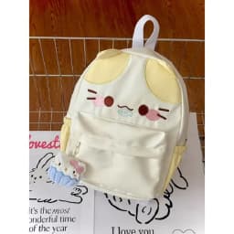 Women's Lovely Waterproof Nylon Backpack with Cartoon Cat Eat Fish Design Schoolbag for Girls with Stitch Detail Book Bag