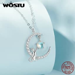 WOSTU 925 Sterling Silver Cute Cat Moon Pendant Necklace For Women, reamy Moonstone Zircon Charm Necklaces Special Gift For Her