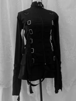 Punk Goth Bondage Strap Buckle Jacket Women Zip‑Up Flare Long Sleeve Top Dark Aesthetic Y2K StreetwearAdjustable StrapOuterwear