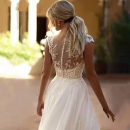Customized Chiffon Wedding Dresses Beaded Lace Applique Cap Sleeve Sheer Neck Illusion Buttons Bridal Gown with Slit Boho Simple
