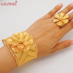 France Luxury Chain Cuff Bangle & Ring For Women Dubai Gold Color Indian Moroccan Big Bracelet Jewelry Arabic African Wedding