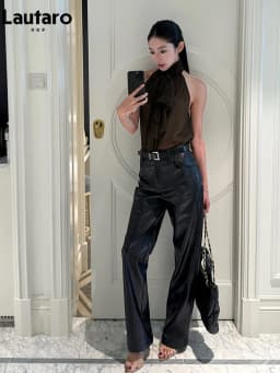 Lautaro Spring Autumn Shiny Lizard Print Pu Leather Straight Pants Women High Waist 2026 Chic Luxury Brands Alternative Pants