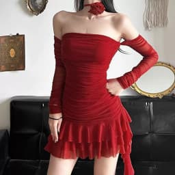 Women's summer solid color sexy design irregular Tassel ruffled hip Lace suspender dress