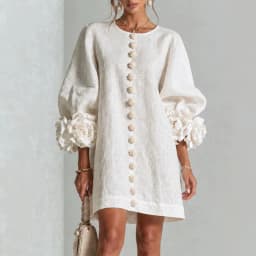 Vintage Solid Dress Ladies Puff Sleeve 3D Floral Decoration Buttons Decor Loose Straight Dress Holiday Party Daily Short Dresses