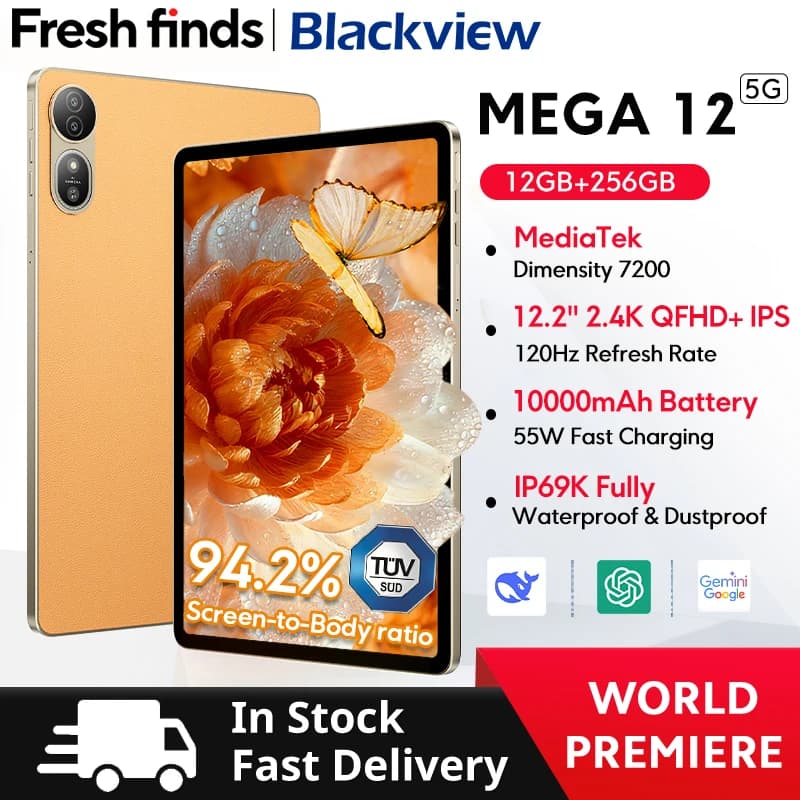 Blackview MEGA 12 Tablet 5G 12.2" 2.4K 120Hz Display Dimensity 7200 CPU IP69K Waterproof 50MP Camera 10000mAh Pad PC