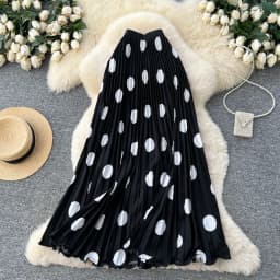 Elegant Retro Polka Dot Pleated High Waist A-Line Skirt Women's Commute Long Dress Slimming Pleat Drapey Feel Half Skirt