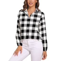 Black Checkerboard Blouse Classic Black and White Checker Office Print Blouses Women Autumn Oversize Long Sleeve Casual Shirts