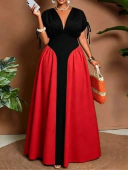 Summer New plus Size Midi Dress V-Neck Pure Color Block Waist Cinched Dress Romantic Style Loose Fit High Waist Polyester Fiber