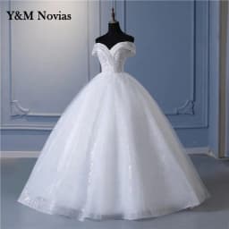 Y&m Novias Glitter vory Wedding Dresses Lace Beaded Ball Gown Cheap Off The Shoulder Short Sleeve Bridal Customized Plus Size