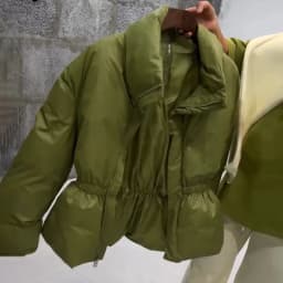 Back Half Zip Women's Winter Puffer Jackets Elastic Waist Ruffle Hem Cropped Padded Coat Loose Long Sleeve Warm Outerwear