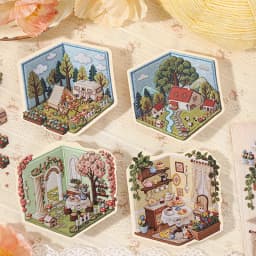 Journal GO Creative 3D Scenes Cartoon Landscape Stickers Spring diy Sticker for Gift Card Collage Junk Journal Scrapbook Decor