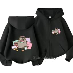Cozy Pusheen Cat With Headphones Snacks Front Back Zip Up Hoodie For Kids Long Sleeve Lovely Cartoon Casual Outerwear Jacket