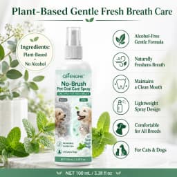 No-Brush Pet Dental Spray for Fresh Breath, Alcohol-Free Plant-Based Formula, Safe Daily Oral Care.