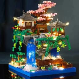 City Architecture Building Blocks Mini Tree House Peach Blossom Pond With Light Set Children Toy Holiday Christmas Gift