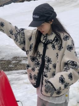 Korean Style Double-Sided Wear Floral Pattern Loose Women's Jacket Winter Warm Cotton Coat Short Sleeve Zipper Closure