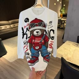 Handsome Bear Hot Diamonds Round Neck Pullover Top Autumn Winter Long Sleeve Sweatshirt All-match Male Cotton Hoodie T-shirt