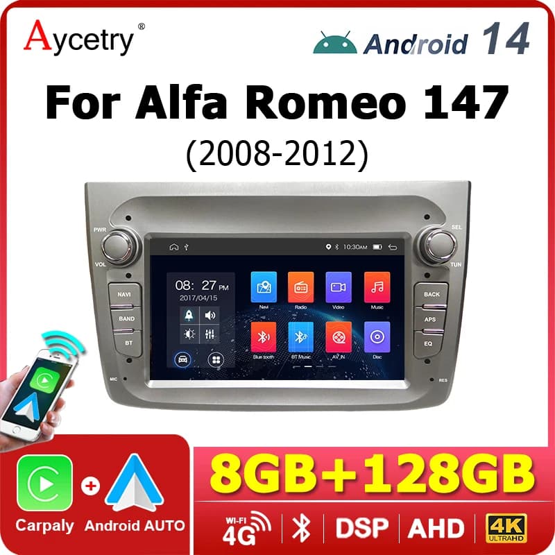 8GB 128GB 7'' Wireless Carplay Android 14 Auto Stereo Car Radio GPS For Alfa Romeo 147 2008-2012 Bluetooth 2 din autoradio Multimedia player Screen WIFI 4G LTE