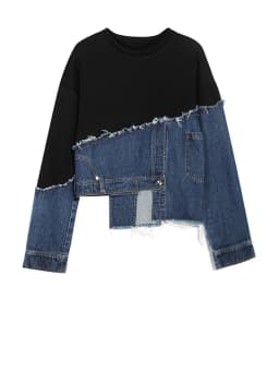[EAM] Loose Fit Denim Burr Split Asymmetrical Sweatshirt New Round Neck Long Sleeve Women Big Size Fashion Spring 2026 1M87901
