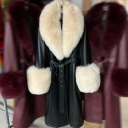 YOLOAgain Women's Detachable Fox Fur Collar Real Leather Jacket Long Navy Blue Jacket