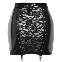 Womens Front Zipper Back Bodycon Mini Skirt Wet Look PU Leather Latex Miniskirt Sheer Floral Lace-up Sexy Gothic Skirts Clubwear