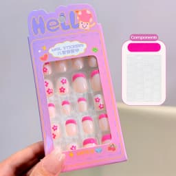24Pcs Pink Flower Heart Kids False Nails Glossy Nude Short Oval Children's Press on Nails Sweet Girl Acrylic Fake Nail Patches#_