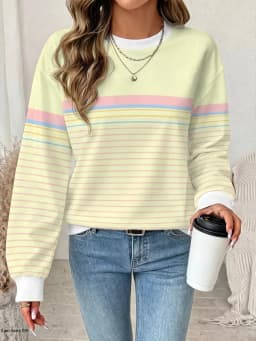Women's Long Sleeved Round Neck Daily Casual Versatile Pullover Tops 3D Striped Splicing Regular Sweatshirt