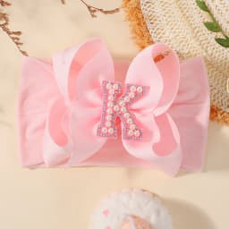 26 Letters Pink Big Bows Pearl Headbands for Baby Girls 5.98'' Wide Nylon Knotted Soft Elastic Hair Bands Wraps Headwear 1PCS