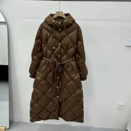 Schinteon Women White Duck Down X-Long Jacket Autumn Winter Warm Office Lady Outwear with Hood Belt Argyle Fashionable Coat 2025