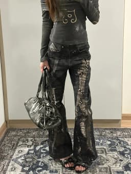 Large American Hot Girls Snake Skin Printing Patchwork Denim Pant New Slim Straight Slight Flare Gothic Punk Black Long Trousers
