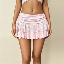 Women Floral Lace Ruffle Mini Skirt Side Drawstring Ruched High Waist Tiered Mesh Skirt Solid Color Y2K Casual Streetwear