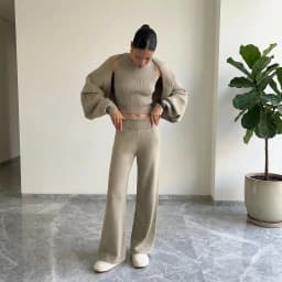 Wolfeel Women's Knitted Three Piece Ribbed Sleeveless Crop Top Long Sleeved and Long Pants Set Suitable for Casual Daily Wear