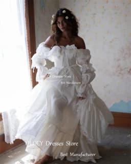 OLOEY Vintage Customized Chiffon Lace Ruched A Line Wedding Dresses Strapless Three Quarter Sleeve Floor Length Bride Gowns