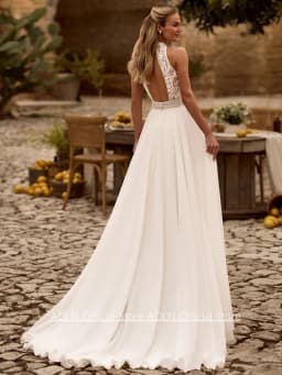 Ivory Wedding Dress Boho Bridal Gown Customized Halter Sleeveless Backless Lace Applique Split Chiffon Bride Dresses