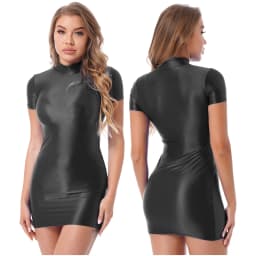 Women's Solid Color Smooth Stretchy Mock Neck Tight Party Dresses Female Dresses Glossy Long Sleeve Bodycon Dress Nightwear