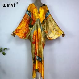 Sexy Beach High-Quality Hand-Rolled Feel Silk Rayon Fashion Print 2021 WINYI Maxi Women's Robes Long Beach V-Neck Bohemian Dress