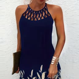 2026 New Spring and Summer National Wind Positioning Printing Mesh Belt Sleeveless Casual Dress
