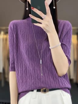 Women New Soft Diamond Letter Design Sweater Half-high Collar Three Quarter Sleeve Pullover Spring Summer Casual Knit Slim Top