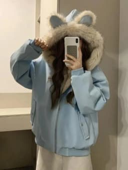 Korean Sweet Plush Rabbit Ear Decor Hooded Coat Women Vintage Aesthetic Loose Outwear Winter Casual Warm Long Sleeve Jacket New