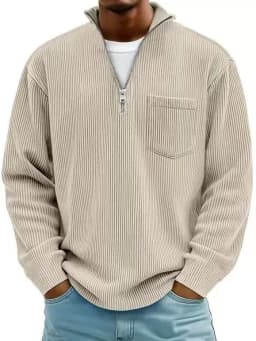 Autumn And Winter New Men's Solid Color Corduroy Long-sleeved Zipper Stand-up Collar Loose Fashion Men's Sweater